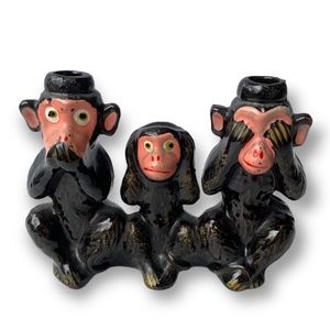 Vintage 3 Wise Monkeys See, Hear, Speak No Evil Candle Incense Ceramic Japan